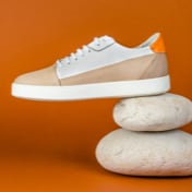 Image of brown and white shoes in orange background